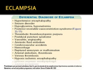 Preeclampsia guía perinatal colombiana. Guía 14, guia de atención de las complicaciones hipertensivas asociadas al embarazo
Obstetrics, normal and problem pregnancies, sixth edition. Steven G Gabbe MD. 2012

 
