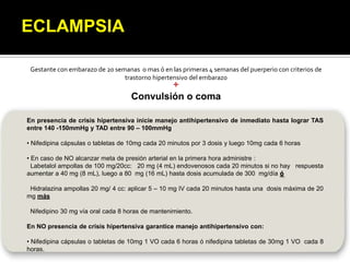 ECLAMPSIA
Gestante con embarazo de 20 semanas o mas ó en las primeras 4 semanas del puerperio con criterios de
trastorno hipertensivo del embarazo

+
Convulsión o coma

En presencia de crisis hipertensiva inicie manejo antihipertensivo de inmediato hasta lograr TAS
entre 140 -150mmHg y TAD entre 90 – 100mmHg
• Nifedipina cápsulas o tabletas de 10mg cada 20 minutos por 3 dosis y luego 10mg cada 6 horas
• En caso de NO alcanzar meta de presión arterial en la primera hora administre :
Labetalol ampollas de 100 mg/20cc: 20 mg (4 mL) endovenosos cada 20 minutos si no hay respuesta
aumentar a 40 mg (8 mL), luego a 80 mg (16 mL) hasta dosis acumulada de 300 mg/día ó
Hidralazina ampollas 20 mg/ 4 cc: aplicar 5 – 10 mg IV cada 20 minutos hasta una dosis máxima de 20
mg más
Nifedipino 30 mg vía oral cada 8 horas de mantenimiento.
En NO presencia de crisis hipertensiva garantice manejo antihipertensivo con:
• Nifedipina cápsulas o tabletas de 10mg 1 VO cada 6 horas ó nifedipina tabletas de 30mg 1 VO cada 8
horas.

 