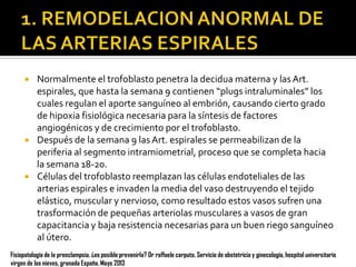 Normalmente el trofoblasto penetra la decidua materna y las Art.
espirales, que hasta la semana 9 contienen “plugs intraluminales” los
cuales regulan el aporte sanguíneo al embrión, causando cierto grado
de hipoxia fisiológica necesaria para la síntesis de factores
angiogénicos y de crecimiento por el trofoblasto.
 Después de la semana 9 las Art. espirales se permeabilizan de la
periferia al segmento intramiometrial, proceso que se completa hacia
la semana 18-20.
 Células del trofoblasto reemplazan las células endoteliales de las
arterias espirales e invaden la media del vaso destruyendo el tejido
elástico, muscular y nervioso, como resultado estos vasos sufren una
trasformación de pequeñas arteriolas musculares a vasos de gran
capacitancia y baja resistencia necesarias para un buen riego sanguíneo
al útero.


Fisiopatología de la preeclampsia. ¿es posible prevenirla? Dr raffaele carputo. Servicio de obstetricia y ginecología, hospital universitario
virgen de las nieves, granada España. Mayo 2013

 