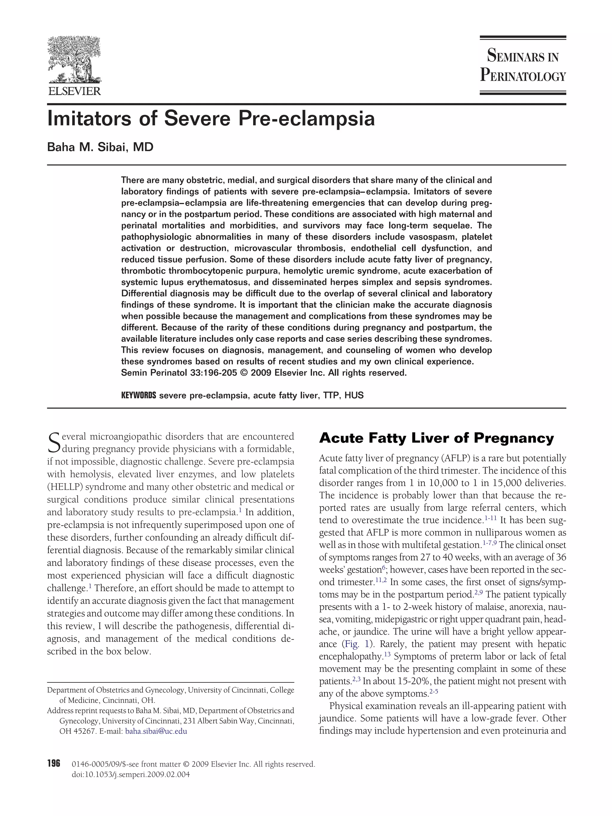 Imitators of severe preeclampsia Sibai 2009 | PDF