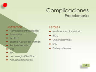 Complicaciones
Preeclampsia

Maternas

Fetales

 Hemorragia intracerebral

 Insuficiencia placentaria

 Eclampsia

 RCIU

 Sx HELLP
 Edema Agudo del Pulmón
 Ruptura Hepática
 CID
 IRA
 Hemorragia Obstétrica
 Abruptio placentae

 Oligohidramnios
 SFA
 Parto pretérmino

 