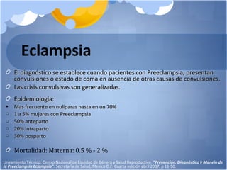 Eclampsia
El diagnóstico se establece cuando pacientes con Preeclampsia, presentanEl diagnóstico se establece cuando pacientes con Preeclampsia, presentan
convulsiones o estado de coma en ausencia de otras causas de convulsiones.convulsiones o estado de coma en ausencia de otras causas de convulsiones.
Las crisis convulsivas son generalizadas.Las crisis convulsivas son generalizadas.
Epidemiologia:Epidemiologia:
• Mas frecuente en nuliparas hasta en un 70%Mas frecuente en nuliparas hasta en un 70%
o 1 a 5% mujeres con Preeclampsia1 a 5% mujeres con Preeclampsia
o 50% anteparto50% anteparto
o 20% intraparto20% intraparto
o 30% posparto30% posparto
Mortalidad: Materna: 0.5 % - 2 %
Lineamiento Técnico. Centro Nacional de Equidad de Género y Salud Reproductiva. "Prevención, Diagnóstico y Manejo de
la Preeclampsia Eclampsia". Secretaría de Salud, Mexico D.F. Cuarta edición abril 2007. p 11-50.
 