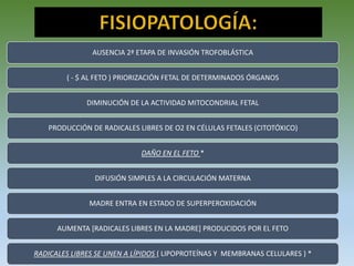 AUSENCIA 2ª ETAPA DE INVASIÓN TROFOBLÁSTICA
( - $ AL FETO ) PRIORIZACIÓN FETAL DE DETERMINADOS ÓRGANOS
DIMINUCIÓN DE LA ACTIVIDAD MITOCONDRIAL FETAL
PRODUCCIÓN DE RADICALES LIBRES DE O2 EN CÉLULAS FETALES (CITOTÓXICO)
DAÑO EN EL FETO *
DIFUSIÓN SIMPLES A LA CIRCULACIÓN MATERNA
MADRE ENTRA EN ESTADO DE SUPERPEROXIDACIÓN
AUMENTA [RADICALES LIBRES EN LA MADRE] PRODUCIDOS POR EL FETO
RADICALES LIBRES SE UNEN A LÍPIDOS ( LIPOPROTEÍNAS Y MEMBRANAS CELULARES ) *
 