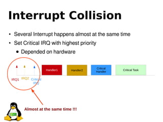 Critical
Handler
Critical TaskHandler1
IRQ1 Critical
IRQ
● Several Interrupt happens almost at the same time
● Set Critical IRQ with highest priority
● Depended on hardware
Interrupt Collision
Handler2
IRQ2
Almost at the same time !!!
 