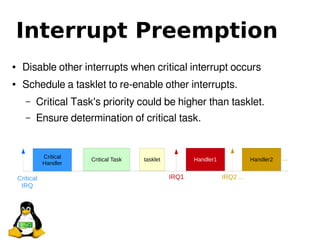 ● Disable other interrupts when critical interrupt occurs
● Schedule a tasklet to re-enable other interrupts.
– Critical T...