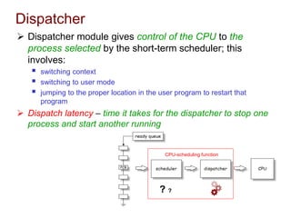 Dispatcher
 Dispatcher module gives control of the CPU to the
process selected by the short-term scheduler; this
involves:
 switching context
 switching to user mode
 jumping to the proper location in the user program to restart that
program
 Dispatch latency – time it takes for the dispatcher to stop one
process and start another running
CPU-scheduling function
? ?
 