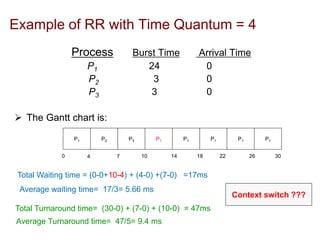 Example of RR with Time Quantum = 4
Process Burst Time Arrival Time
P1 24 0
P2 3 0
P3 3 0
 The Gantt chart is:
P1 P2 P3 P1 P1 P1 P1 P1
0 4 7 10 14 18 22 26 30
Average waiting time= 17/3= 5.66 ms
Total Waiting time = (0-0+10-4) + (4-0) +(7-0) =17ms
Total Turnaround time= (30-0) + (7-0) + (10-0) = 47ms
Average Turnaround time= 47/5= 9.4 ms
Context switch ???
 