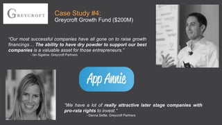 “We have a lot of really attractive later stage companies with
pro-rata rights to invest.”
- Danna Settle, Greycroft Partners
Case Study #4:
Greycroft Growth Fund ($200M)
“Our most successful companies have all gone on to raise growth
financings… The ability to have dry powder to support our best
companies is a valuable asset for those entrepreneurs.”
- Ian Sigalow, Greycroft Partners
 