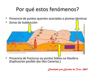 Por qué estos fenómenos? Presencia de puntos quentes asociados a plumas térmicas Zonas de Subducción . Presencia de fracturas ou puntos febles na litosfera. (Explicación posible das Illas Canarias.) Manto Deseñado por:Xacobo de Toro. 2007 