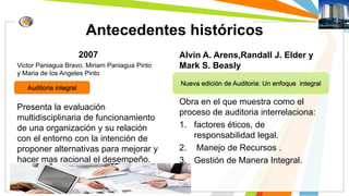 Antecedentes históricos 
2007 
Presenta la evaluación 
multidisciplinaria de funcionamiento 
de una organización y su relación 
con el entorno con la intención de 
proponer alternativas para mejorar y 
hacer mas racional el desempeño. 
Alvin A. Arens,Randall J. Elder y 
Mark S. Beasly 
Obra en el que muestra como el 
proceso de auditoria interrelaciona: 
1. factores éticos, de 
responsabilidad legal. 
2. Manejo de Recursos . 
3. Gestión de Manera Integral. 
Victor Paniagua Bravo, Miriam Paniagua Pinto 
y Maria de los Angeles Pinto 
Auditoria integral 
Nueva edición de Auditoria: Un enfoque integral 
 