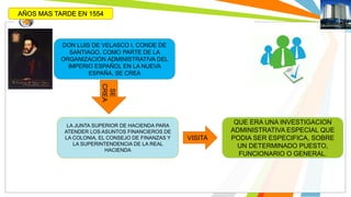 AÑOS MAS TARDE EN 1554 
DON LUIS DE VELASCO I, CONDE DE 
SANTIAGO, COMO PARTE DE LA 
ORGANIZACIÓN ADMINISTRATIVA DEL 
IMPERIO ESPAÑOL EN LA NUEVA 
ESPAÑA, SE CREA 
SE 
CREA 
LA JUNTA SUPERIOR DE HACIENDA PARA 
ATENDER LOS ASUNTOS FINANCIEROS DE 
LA COLONIA, EL CONSEJO DE FINANZAS Y 
LA SUPERINTENDENCIA DE LA REAL 
HACIENDA 
VISITA 
QUE ERA UNA INVESTIGACION 
ADMINISTRATIVA ESPECIAL QUE 
PODIA SER ESPECIFICA, SOBRE 
UN DETERMINADO PUESTO, 
FUNCIONARIO O GENERAL. 
 
