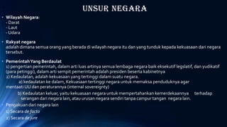 Unsur Negara
• Wilayah Negara:
- Darat
- Laut
- Udara
• Rakyat negara
adalah dimana semua orang yang berada di wilayah negara itu dan yang tunduk kepada kekuasaan dari negara
tersebut.
• PemerintahYang Berdaulat
1) pengertian pemerintah, dalam arti luas artinya semua lembaga negara baik eksekutif legslatif, dan yudikatif
(para petinggi), dalam arti sempit pemerintah adalah presiden beserta kabinetnya
2) Kedaulatan, adalah kekuasaan yang tertinggi dalam suatu negara.
a) kedaulatan ke dalam, Kekuasaan tertinggi negara untuk memaksa penduduknya agar
mentaati UU dan peraturannya (internal sovereignty)
b) Kedaulatan keluar, yaitu kekuasaan negara untuk mempertahankan kemerdekaannya terhadap
serangan dari negara lain, atau urusan negara sendiri tanpa campur tangan negara lain.
• Pengakuan dari negara lain
1) Secara de facto
2) Secara de jure
 