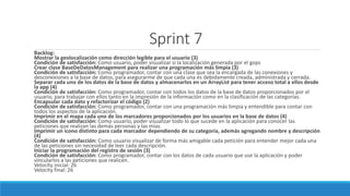 Sprint 7
Backlog:
Mostrar la geolocalización como dirección legible para el usuario (3)
Condición de satisfacción: Como usuario, poder visualizar si la localización generada por el gops
Crear clase BaseDeDatosManagement para realizar una programación más limpia (3)
Condición de satisfacción: Como programador, contar con una clase que sea la encargada de las conexiones y
desconexiones a la base de datos, para asegurarme de que cada una es debidamente creada, administrada y cerrada.
Separar cada uno de los datos de la base de datos y almacenarlos en un ArrayList para tener acceso total a ellos desde
la app (4)
Condición de satisfacción: Como programador, contar con todos los datos de la base de datos proporcionados por el
usuario, para trabajar con ellos tanto en la impresión de la información como en la clasificación de las categorías.
Encapsular cada dato y refactorizar el código (2)
Condición de satisfacción: Como programador, contar con una programación más limpia y entendible para contar con
todos los aspectos de la aplicación.
Imprimir en el mapa cada uno de los marcadores proporcionados por los usuarios en la base de datos (4)
Condición de satisfacción: Como usuario, poder visualizar todo lo que sucede en la aplicación para conocer las
peticiones que realizan las demás personas y las mías.
Imprimir un icono distinto para cada marcador dependiendo de su categoría, además agregando nombre y descripción
(4)
Condición de satisfacción: Como usuario visualizar de forma más amigable cada petición para entender mejor cada una
de las peticiones sin necesidad de leer cada descripción.
Iniciar la programación del registro de sesión (3)
Condición de satisfacción: Como programador, contar con los datos de cada usuario que use la aplicación y poder
vincularlos a las peticiones que realicen.
Velocity inicial: 26
Velocity final: 26
 