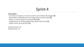 Sprint 4
Actividades:.
- Consultar el registro e inicio de sesión con FireBase de Google (3)
- Desarrollar la pantalla de inicio luego del inicio de sesión (4)
- Hacer un menú inicial sin funcionalidad (3)
- Implementar la API de google maps dentro del menú (3)
- Añadir menú de peticiones (1)
Velocity inicial: 14
Velocity final: 14
 