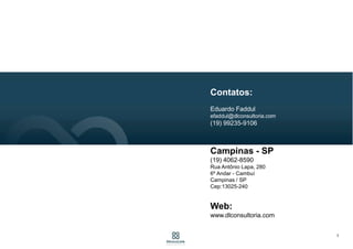 Os Serviços da Direct Link Consultoria em Integração Pós-Fusão de Equipes de Vendas, contemplam as
seguintes dimensões:
Estratégia de Vendas
• Alinhamento das Ações de Vendas e Marketing
com a Estratégia Corporativa
• Definição de Estratégias para os diferentes tipos
de Canais de Venda
• Segmentação de Clientes e Cobertura de Mercado
Estrutura Organizacional
• Novo Organograma e Relações de Subordinação
• Estabelecimento de Vinculações e Mecanismos de
Alinhamento
• Identificação de Barreiras Culturais e Políticas e
suas implicações
Gestão de Carteira e Métricas de Desempenho
• Divisão das Carteiras e Áreas de Atuação
• Estabelecimento de Regras de funcionamento
provisórias para contas conjuntas
• Definição de Programas de Atendimento aos
Clientes
• Estabelecer Modelo de Remuneração para a Nova
Equipe
Operações de Venda
• Metodologias de Gestão de Vendas, previsão e funil de
vendas
• Arquitetura dos Canais de Venda
• Geração de leads e distribuição dentro da Equipe de Vendas
• Desenvolvimento de Modelo de Propostas
• Políticas de Precificação e Gestão de Preços, incluindo
licitações
• Desenvolvimento de Contratos, incluindo Termos e
Condições
• Promoções e Programas de Incentivo de Vendas
• Suporte de pós-venda e Atendimento ao Cliente
• Relacionamento com o Cliente (CRM) e Aplicações de TI
Nossos Serviços
7
 