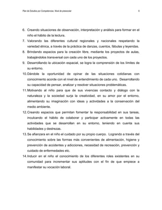 Plan de Estudios por Competencias. Nivel de preescolar 6
6. Creando situaciones de observación, interpretación y análisis para formar en el
niño el hábito de la lectura.
7. Valorando las diferentes cultural regionales y nacionales respetando la
variedad étnica, a través de la práctica de danzas, cuentos, fábulas y leyendas.
8. Brindando espacios para la creación libre, mediante los proyectos de aulas,
trabajándolos transversal con cada uno de los proyectos.
9. Desarrollando la ubicación espacial, se logra la comprensión de los límites de
su entorno.
10.Dándole la oportunidad de opinar de las situaciones cotidianas con
conocimiento acorde con el nivel de entendimiento de cada uno. Desarrollando
su capacidad de pensar, analizar y resolver situaciones problemáticas.
11.Motivando al niño para que de sus vivencias contacto y diálogo con la
naturaleza y la sociedad surja la creatividad, en su amor por el entorno,
alimentando su imaginación con ideas y actividades a la conservación del
medio ambiente.
12.Creando espacios que permitan fomentar la responsabilidad en sus tareas,
inculcando el hábito de colaborar y participar activamente en todas las
actividades que se desarrollan en su entorno, teniendo en cuenta sus
habilidades y destrezas.
13.Se afianzara en el niño el cuidado por su propio cuerpo. Logrando a través del
conocimiento sobre las formas más convenientes de alimentación, higiene y
prevención de accidentes y adicciones, necesidad de recreación, prevención y
cuidado de enfermedades etc.
14.Inducir en el niño el conocimiento de los diferentes roles existentes en su
comunidad para incrementar sus aptitudes con el fin de que empiece a
manifestar su vocación laboral.
 