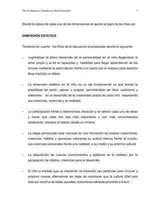 Plan de Estudios por Competencias. Nivel de preescolar 7
Desde la óptica de cada una de las dimensiones el aporte al logro de los fines es:
DIMENSIÓN ESTETICA
Teniendo en cuenta los fines de la educación el preescolar aporta lo siguiente:
- Lográndose el pleno desarrollo de la personalidad en el niño llegándose al
amor propio y el de la capacidad y habilidad para llegar aprendiendo de los
errores mediante la estimulación frente a lo hecho por el indique cada derecho
lleva implícito un deber.
- La dimensión estética en el niño es un eje fundamental ya que brinda la
posibilidad de sentir, valorar y aceptar, permitiéndole ser libre, autónomo y
tolerantes en el desarrollo de la creatividad propia de cada niño respetando
sus creencias, vivencias y su realidad.
- La participación frente a determinada situación y el valorar cada una de estas
y hacer que cada día sea más importante y con más conocimientos
recalcando siempre el valorar desde un mínimo
- La etapa pre-escolar esta marcada en una formación de aceptar costumbres,
creencias, hábitos y opiniones valorando su actitud interna frente al mundo,
sus vivencias personales frente a la realidad, a su medio y su entorno cultural
- La adquisición de nuevos conocimientos y palabras en lo estético por la
apropiación de hábitos, creencias para el desarrollo.
- El niño a medida que va creciendo va haciendo uso particular para innovar y
producir nuevas alternativas sin dejar de reconocer que la cultura d3el país
esta por encima de todas aquellas costumbres dándole prioridad a futuro
 
