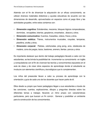 Plan de Estudios por Competencias. Nivel de preescolar 123
Además con el fin de dinamizar la adquisición de un eficaz conocimiento, se
utilizan diversos materiales didácticos y ayudas educativas de acuerdo con las
dimensiones de desarrollo, aprovechados en espacios como el juego libre y las
actividades grupales, entre estos contamos con:
• Dimensión cognitiva: Estralandias, mecanos, bloques lógicos rompecabezas,
dominóes, encajables, loterías, geoplanos, ensartados , ábacos y otros.
• Dimensión comunicativa: Cuentos, Cassettes, videos, frisos y otros.
• Dimensión estética: Títeres, instrumentos musicales, crayolas, temperas,
plastilina, arcilla y otros.
• Dimensión corporal: Pelotas, colchonetas, ping pong, aros, obstáculos de
madera, zona de juegos, lazos, bastones, arenero, llantas ,zancos y otros
Es importante destacar que dentro del trabajo pedagógico llevado a cabo con los
estudiantes, se les brinda la posibilidad de incrementar su conocimiento en inglés
y computadoras con el fin de vivenciar las teorías y conocimientos expuestos en el
aula de clase y de crear otros espacios de aprendizaje donde el estudiante se
involucre con elementos científicos y tecnológicos que lo complementen.
Los niños del preescolar llevan a cabo su proceso de aprendizaje con la
orientación y guía de cada uno de los docentes que hacen parte de él.
Ellos desde su propio que hacer pedagógico llegan a sus estudiantes a través de
las canciones, cuentos, explicaciones, dibujos y preguntas directas sobre los
diferentes temas a trabajar, llevando un ritmo propio con características
particulares, pero que buscan un fin común: Generar y posibilitar un ambiente
para la construcción de los conocimientos.
 