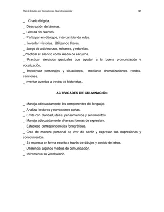 Plan de Estudios por Competencias. Nivel de preescolar 147
_ Charla dirigida.
_ Descripción de láminas.
_ Lectura de cuentos.
_ Participar en diálogos, intercambiando roles.
_ Inventar Historias, Utilizando títeres.
_ Juego de adivinanzas, refranes, y retahílas.
_Practicar el silencio como medio de escucha.
_ Practicar ejercicios gestuales que ayudan a la buena pronunciación y
vocalización.
_ Improvisar personajes y situaciones, mediante dramatizaciones, rondas,
canciones.
_ Inventar cuentos a través de historietas.
ACTIVIDADES DE CULMINACIÓN
_ Maneja adecuadamente los componentes del lenguaje.
_ Analiza lecturas y narraciones cortas.
_ Emite con claridad, ideas, pensamientos y sentimientos.
_ Maneja adecuadamente diversas formas de expresión.
_ Establece correspondencias fonográficas.
_ Crea de manera personal de vivir de sentir y expresar sus expresiones y
conocimientos.
_ Se expresa en forma escrita a través de dibujos y sonido de letras.
_ Diferencia algunos medios de comunicación.
_ Incrementa su vocabulario.
 