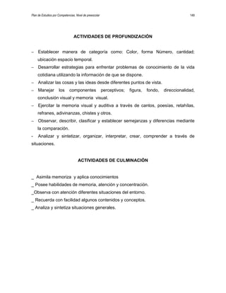 Plan de Estudios por Competencias. Nivel de preescolar 149
ACTIVIDADES DE PROFUNDIZACIÓN
– Establecer manera de categoría como: Color, forma Número, cantidad;
ubicación espacio temporal.
– Desarrollar estrategias para enfrentar problemas de conocimiento de la vida
cotidiana utilizando la información de que se dispone.
– Analizar las cosas y las ideas desde diferentes puntos de vista.
– Manejar los componentes perceptivos; figura, fondo, direccionalidad,
conclusión visual y memoria visual.
– Ejercitar la memoria visual y auditiva a través de cantos, poesías, retahílas,
refranes, adivinanzas, chistes y otros.
– Observar, describir, clasificar y establecer semejanzas y diferencias mediante
la comparación.
- Analizar y sintetizar, organizar, interpretar, crear, comprender a través de
situaciones.
ACTIVIDADES DE CULMINACIÓN
_ Asimila memoriza y aplica conocimientos
_ Posee habilidades de memoria, atención y concentración.
_Observa con atención diferentes situaciones del entorno.
_ Recuerda con facilidad algunos contenidos y conceptos.
_ Analiza y sintetiza situaciones generales.
 
