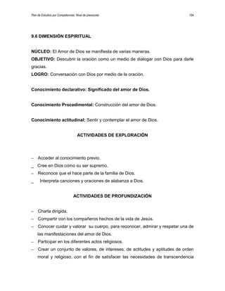 Plan de Estudios por Competencias. Nivel de preescolar 154
9.6 DIMENSIÓN ESPIRITUAL
NÚCLEO: El Amor de Dios se manifiesta de varias maneras.
OBJETIVO: Descubrir la oración como un medio de dialogar con Dios para darle
gracias.
LOGRO: Conversación con Dios por medio de la oración.
Conocimiento declarativo: Significado del amor de Dios.
Conocimiento Procedimental: Construcción del amor de Dios.
Conocimiento actitudinal: Sentir y contemplar el amor de Dios.
ACTIVIDADES DE EXPLORACIÓN
– Acceder al conocimiento previo.
_ Cree en Dios como su ser supremo.
– Reconoce que el hace parte de la familia de Dios.
_ Interpreta canciones y oraciones de alabanza a Dios.
ACTIVIDADES DE PROFUNDIZACIÓN
– Charla dirigida.
– Compartir con los compañeros hechos de la vida de Jesús.
– Conocer cuidar y valorar su cuerpo, para reconocer, admirar y respetar una de
las manifestaciones del amor de Dios.
– Participar en los diferentes actos religiosos.
– Crear un conjunto de valores, de intereses, de actitudes y aptitudes de orden
moral y religioso, con el fin de satisfacer las necesidades de transcendencia
 