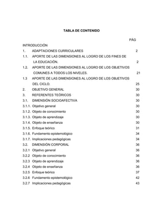 TABLA DE CONTENIDO
PÁG
INTRODUCCIÓN
1. ADAPTACIONES CURRICULARES 2
1.1. APORTE DE LAS DIMENSIONES AL LOGRO DE LOS FINES DE
LA EDUCACIÓN. 2
1.2. APORTE DE LAS DIMENSIONES AL LOGRO DE LOS OBJETIVOS
COMUNES A TODOS LOS NIVELES. 21
1.3 APORTE DE LAS DIMENSIONES AL LOGRO DE LOS OBJETIVOS
DEL CICLO. 25
2. OBJETIVO GENERAL 30
3. REFERENTES TEÓRICOS 30
3.1. DIMENSIÓN SOCIOAFECTIVA 30
3.1.1. Objetivo general 30
3.1.2. Objeto de conocimiento 30
3.1.3. Objeto de aprendizaje 30
3.1.4. Objeto de enseñanza 30
3.1.5. Enfoque teórico 31
3.1.6. Fundamento epistemológico 34
3.1.7. Implicaciones pedagógicas 34
3.2. DIMENSIÓN CORPORAL 36
3.2.1 Objetivo general 36
3.2.2 Objeto de conocimiento 36
3.2.3 Objeto de aprendizaje 36
3.2.4 Objeto de enseñanza 36
3.2.5 Enfoque teórico 37
3.2.6 Fundamento epistemológico 42
3.2.7 Implicaciones pedagógicas 43
 