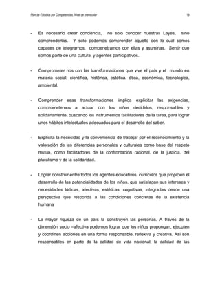 Plan de Estudios por Competencias. Nivel de preescolar 19
- Es necesario crear conciencia, no solo conocer nuestras Leyes, sino
comprenderlas. Y solo podemos comprender aquello con lo cual somos
capaces de integrarnos, compenetrarnos con ellas y asumirlas. Sentir que
somos parte de una cultura y agentes participativos.
- Comprometer nos con las transformaciones que vive el país y el mundo en
materia social, científica, histórica, estética, ética, económica, tecnológica,
ambiental.
- Comprender esas transformaciones implica explicitar las exigencias,
comprometernos a actuar con los niños decididos, responsables y
solidariamente, buscando los instrumentos facilitadores de la tarea, para lograr
unos hábitos intelectuales adecuados para el desarrollo del saber.
- Explícita la necesidad y la conveniencia de trabajar por el reconocimiento y la
valoración de las diferencias personales y culturales como base del respeto
mutuo, como facilitadores de la confrontación racional, de la justicia, del
pluralismo y de la solidaridad.
- Lograr construir entre todos los agentes educativos, currículos que propicien el
desarrollo de las potencialidades de los niños, que satisfagan sus intereses y
necesidades lúdicas, afectivas, estéticas, cognitivas, integradas desde una
perspectiva que responda a las condiciones concretas de la existencia
humana
- La mayor riqueza de un país la construyen las personas. A través de la
dimensión socio –afectiva podemos lograr que los niños propongan, ejecuten
y coordinen acciones en una forma responsable, reflexiva y creativa. Así son
responsables en parte de la calidad de vida nacional, la calidad de las
 