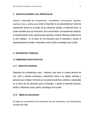 Plan de Estudios por Competencias. Nivel de preescolar 33
2. OBJETIVO GENERAL DEL PREESCOLAR
Adquirir y desarrollar las competencias socioafectiva, comunicativa, cognitiva,
espiritual, ética y estética para iniciar el desarrollo de se personalidad por medio de
experiencias lúdicas en el campo de las relaciones sociales, el desarrollo físico, el
cause razonable para sus emociones, de la comunicación, las experiencias artísticas,
el comportamiento moral y espiritual para aprender a resolver diferentes problemas de
la vida cotidiana, en el marco de una educación para la diversidad y aportar al
desarrollo personal, familiar, multicultural, social, político, tecnológico de la ciudad .
3. REFERENTES TEÓRICOS
3.1 DIMENSIÓN SOCIO-AFECTIVA
3.1.1 OBJETIVO GENERAL
Desarrollar las competencias socio – afectivas, para crear su manera personal de
vivir, sentir y expresar emociones y sentimientos frente a los objetos, animales y
personas que lo rodean, formando así una persona autónoma, solidaria y responsable
en el marco de una educación para la diversidad y aportar al desarrollo personal,
familiar, multicultural, social, político, tecnológico de la ciudad.
3.1.2 Objeto de conocimiento
El objeto de conocimiento de la dimensión son las emociones y las interacciones
sociales del nin@.
 