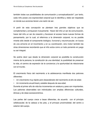 Plan de Estudios por Competencias. Nivel de preescolar 42
también todas sus posibilidades de comunicación y conceptualización”; por tanto,
cada niño posee una expresividad corporal que lo identifica y debe ser respetada
en donde sus acciones tienen una razón de ser.
A partir de esta concepción se plantean tres grandes objetivos que se
complementan y enriquecen mutuamente: Hacer del niño un ser de comunicación,
hacer del niño un ser de creación y favorecer el acceso hacia nuevas formas de
pensamiento, por lo cual, al referirnos a la dimensión corporal, no es posible
mirarla sólo desde el componente biológico, funcional y neuromuscular, en busca
de una armonía en el movimiento y en su coordinación, sino incluir también las
otras dimensiones recordando que el niño actúa como un todo poniendo en juego
su ser integral.
Se podría decir que desde la dimensión corporal se posibilita la construcción
misma de la persona, la constitución de una identidad, la posibilidad de preservar
la vida, el camino de expresión de la conciencia y la oportunidad de relacionarse
con el mundo.
El crecimiento físico del nacimiento a la adolescencia manifiesta dos patrones
diferentes:
• Un crecimiento muy rápido pero desacelerado del nacimiento al año de edad.
• Un incremento anual lineal y estable después de esa edad.
Durante el primer año de vida los incrementos en estatura y peso son importantes.
Los patrones observables son individuales con amplias diferencias culturales,
étnicas y de clase socioeconómica.
Las partes del cuerpo crece a tasas diferentes, de acuerdo con el principio
cefalocaudal, de la cabeza a los pies, y el principio proximodistal, del centro a
exterior del cuerpo.
 