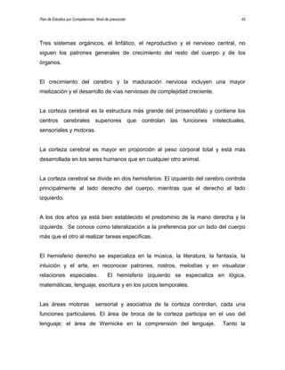 Plan de Estudios por Competencias. Nivel de preescolar 43
Tres sistemas orgánicos, el linfático, el reproductivo y el nervioso central, no
siguen los patrones generales de crecimiento del resto del cuerpo y de los
órganos.
El crecimiento del cerebro y la maduración nerviosa incluyen una mayor
mielización y el desarrollo de vías nerviosas de complejidad creciente.
La corteza cerebral es la estructura más grande del prosencéfalo y contiene los
centros cerebrales superiores que controlan las funciones intelectuales,
sensoriales y motoras.
La corteza cerebral es mayor en proporción al peso corporal total y está más
desarrollada en los seres humanos que en cualquier otro animal.
La corteza cerebral se divide en dos hemisferios: El izquierdo del cerebro controla
principalmente al lado derecho del cuerpo, mientras que el derecho al lado
izquierdo.
A los dos años ya está bien establecido el predominio de la mano derecha y la
izquierda. Se conoce como lateralización a la preferencia por un lado del cuerpo
más que el otro al realizar tareas específicas.
El hemisferio derecho se especializa en la música, la literatura, la fantasía, la
intuición y el arte, en reconocer patrones, rostros, melodías y en visualizar
relaciones especiales. El hemisferio izquierdo se especializa en lógica,
matemáticas, lenguaje, escritura y en los juicios temporales.
Las áreas motoras sensorial y asociativa de la corteza controlan, cada una
funciones particulares. El área de broca de la corteza participa en el uso del
lenguaje; el área de Wernicke en la comprensión del lenguaje. Tanto la
 
