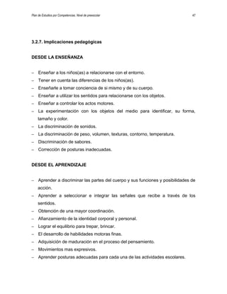 Plan de Estudios por Competencias. Nivel de preescolar 47
3.2.7. Implicaciones pedagógicas
DESDE LA ENSEÑANZA
– Enseñar a los niños(as) a relacionarse con el entorno.
– Tener en cuenta las diferencias de los niños(as).
– Enseñarle a tomar conciencia de si mismo y de su cuerpo.
– Enseñar a utilizar los sentidos para relacionarse con los objetos.
– Enseñar a controlar los actos motores.
– La experimentación con los objetos del medio para identificar, su forma,
tamaño y color.
– La discriminación de sonidos.
– La discriminación de peso, volumen, texturas, contorno, temperatura.
– Discriminación de sabores.
– Corrección de posturas inadecuadas.
DESDE EL APRENDIZAJE
– Aprender a discriminar las partes del cuerpo y sus funciones y posibilidades de
acción.
– Aprender a seleccionar e integrar las señales que recibe a través de los
sentidos.
– Obtención de una mayor coordinación.
– Afianzamiento de la identidad corporal y personal.
– Lograr el equilibrio para trepar, brincar.
– El desarrollo de habilidades motoras finas.
– Adquisición de maduración en el proceso del pensamiento.
– Movimientos mas expresivos.
– Aprender posturas adecuadas para cada una de las actividades escolares.
 