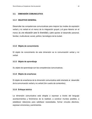 Plan de Estudios por Competencias. Nivel de preescolar 49
3.3. DIMENSIÓN COMUNICATIVA
3.3.1 OBJETIVO GENERAL
Desarrollar las competencias comunicativas para mejorar los niveles de expresión
verbal y no verbal en el marco de la integración grupal y el goce literario en el
marco de una educación para la diversidad y para aportar al desarrollo personal,
familiar, multicultural, social, político, tecnológico de la ciudad.
3.3.2 Objeto de conocimiento
El objeto de conocimiento de esta dimensión es la comunicación verbal y no
verbal.
3.3.3 Objeto de aprendizaje
Su objeto de aprendizaje son las competencias comunicativas.
3.3.4 Objeto de enseñanza
El objeto de enseñanza de la dimensión comunicativa está orientado al desarrollo
de la comunicación verbal y no verbal (Ver cuadro de contenidos).
3.3.5 Enfoque teórico
La dimensión comunicativa está dirigida a expresar a través del lenguaje
acontecimientos y fenómenos de la realidad, a construir mundos posibles, a
establecer relaciones para satisfacer necesidades, formar vínculos afectivos,
expresar emociones y sentimientos.
 