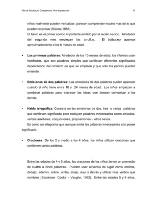 Plan de Estudios por Competencias. Nivel de preescolar 51
niños realmente pueden verbalizar, parecen comprender mucho mas de lo que
pueden expresar (Kúczai,1986).
El llanto es el primer sonido importante emitido por el recién nacido. Alrededor
del segundo mes empiezan los arrullos. El balbuceo aparece
aproximadamente a los 6 meses de edad.
 Las primeras palabras: Alrededor de los 10 meses de edad, los infantes usan
holofrases, que son palabras simples que conllevan diferentes significados
dependiendo del contexto en que se empleen y que solo los padres pueden
entender.
• Emisiones de dos palabras: Las emisiones de dos palabras suelen aparecer
cuando el niño tiene entre 18 y 24 meses de edad. Los niños empiezan a
combinar palabras para expresar las ideas que desean comunicar a los
demás.
• Habla telegráfica: Consiste en las emisiones de dos, tres o varias palabras
que conlleven significado pero excluyen palabras innecesarias como artículos,
verbos auxiliares, conjunciones, preposiciones u otros nexos.
Es como un telegrama que aunque omita las palabras innecesarias aún posee
significado.
• Oraciones: De los 2 y medio a los 4 años, los niños utilizan oraciones que
contienen varias palabras.
Entre las edades de 4 y 5 años, las oraciones de los niños tienen un promedio
de cuatro a cinco palabras. Pueden usar adverbio de lugar como encima,
debajo, adentro, sobre, arriba, abajo, aquí y detrás y utilizar mas verbos que
nombres (Stockman Cooke – Vaughn, 1992). Entre las edades 5 y 6 años,
 