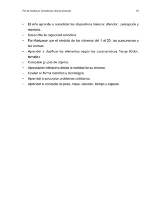 Plan de Estudios por Competencias. Nivel de preescolar 60
• El niño aprende a consolidar los dispositivos básicos: Atención, percepción y
memoria.
• Desarrollar la capacidad simbólica.
• Familiarizarse con el símbolo de los números del 1 al 20, las consonantes y
las vocales.
• Aprender a clasificar los elementos según las características físicas (Color,
tamaño).
• Comparar grupos de objetos.
• Apropiación intelectiva desde la realidad de su entorno.
• Operar en forma científica y tecnológica.
• Aprender a solucionar problemas cotidianos.
• Aprender el concepto de peso, masa, volumen, tiempo y espacio.
 
