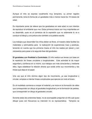 Plan de Estudios por Competencias. Nivel de preescolar 72
Aunque el niño se exprese vocalmente muy temprano, su primer registro
permanente, toma la forma de un garabateo más o menos hacia los 18 meses de
edad.
Es importante poner de relieve que los garabateos en esta edad no son intentos
de reproducir el ambiente que vive. Estos primeros trazos son muy importantes en
su desarrollo, pues es el comienzo de la expresión que no solamente lo va a
conducir al dibujo y a la pintura sino también a la palabra escrita.
Los trabajos que desarrollan los niños deben se libres, el maestro debe facilitar los
materiales y estimularlos para la realización de experiencias ricas y positivas,
teniendo en cuenta que los primeros trazos el niño los realiza por placer y son
necesarios para pasar a la segunda fase del garabateo.
El garabateo con finalidad o Controlado: El niño realiza sus temas con base en
la repetición de líneas circulares o longitudinales. Esta actividad le da mayor
seguridad y confianza en si mismo, sus trabajos son más conscientes y mediante
ellos, logra establecer la relación directa que existe entre sus movimientos y las
líneas que deja en el papel.
Una vez que el niño domina algún tipo de movimiento, ya sea longitudinal o
circular, empieza a intentar líneas complicadas que ejecuta con todo el brazo.
En el modelado comienza a romper el material y se inicia en la formación de rollos
que corresponden en dibujo al garabateo longitudinal y en la formación de pelotas,
que corresponden en dibujo al garabateo circular.
Durante estas dos anteriores fases, no es aconsejable preguntar al niño qué quiso
dibujar pues con frecuencia su intención no es representativa. Tampoco se
 