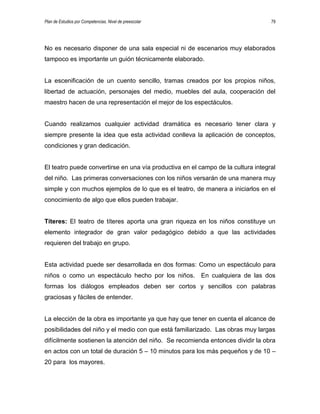 Plan de Estudios por Competencias. Nivel de preescolar 79
No es necesario disponer de una sala especial ni de escenarios muy elaborados
tampoco es importante un guión técnicamente elaborado.
La escenificación de un cuento sencillo, tramas creados por los propios niños,
libertad de actuación, personajes del medio, muebles del aula, cooperación del
maestro hacen de una representación el mejor de los espectáculos.
Cuando realizamos cualquier actividad dramática es necesario tener clara y
siempre presente la idea que esta actividad conlleva la aplicación de conceptos,
condiciones y gran dedicación.
El teatro puede convertirse en una vía productiva en el campo de la cultura integral
del niño. Las primeras conversaciones con los niños versarán de una manera muy
simple y con muchos ejemplos de lo que es el teatro, de manera a iniciarlos en el
conocimiento de algo que ellos pueden trabajar.
Títeres: El teatro de títeres aporta una gran riqueza en los niños constituye un
elemento integrador de gran valor pedagógico debido a que las actividades
requieren del trabajo en grupo.
Esta actividad puede ser desarrollada en dos formas: Como un espectáculo para
niños o como un espectáculo hecho por los niños. En cualquiera de las dos
formas los diálogos empleados deben ser cortos y sencillos con palabras
graciosas y fáciles de entender.
La elección de la obra es importante ya que hay que tener en cuenta el alcance de
posibilidades del niño y el medio con que está familiarizado. Las obras muy largas
difícilmente sostienen la atención del niño. Se recomienda entonces dividir la obra
en actos con un total de duración 5 – 10 minutos para los más pequeños y de 10 –
20 para los mayores.
 