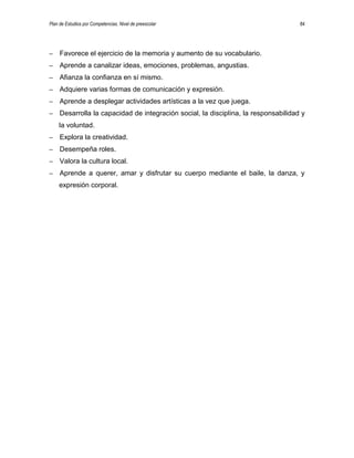 Plan de Estudios por Competencias. Nivel de preescolar 84
– Favorece el ejercicio de la memoria y aumento de su vocabulario.
– Aprende a canalizar ideas, emociones, problemas, angustias.
– Afianza la confianza en sí mismo.
– Adquiere varias formas de comunicación y expresión.
– Aprende a desplegar actividades artísticas a la vez que juega.
– Desarrolla la capacidad de integración social, la disciplina, la responsabilidad y
la voluntad.
– Explora la creatividad.
– Desempeña roles.
– Valora la cultura local.
– Aprende a querer, amar y disfrutar su cuerpo mediante el baile, la danza, y
expresión corporal.
 