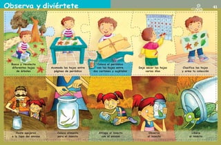 Busca y recolecta
diferentes hojas
de árboles
Acomoda las hojas entre
páginas de periódico
Coloca el periódico
con las hojas entre
dos cartones y sujétalos
Deja secar las hojas
varios días
Clasifica las hojas
y arma tu colección
Observa y diviértete 41
Hazle agujeros
a la tapa del envase
Coloca alimento
para el insecto
Atrapa al insecto
con el envase
Observa
al insecto
Libera
al insecto
AB-PREES-JUEGO-2-P-001-080.indd 41 23/2/11 00:36:35
 