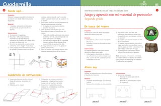 Actividad 8383Cuadernillo
Cuadernillo de instrucciones
12
En busca del tesoro
Propósito:
Encontrar el cofre del tesoro escondido
dentro del tablero de la isla.
Material:
•	 Dos tableros y doce cofres recortables
(pp. 5 y 7).
•	 Semillas o fichas (no incluidas en este
material).
Instrucciones:
Se juega en parejas. Cada participante
tendrá un tablero para jugar.
1.	 Cada jugador colocará en su tablero
un cofre del tesoro sobre el objeto que
elija, o cerca de éste, cuidando que su
compañero no lo vea.
1INSTRUCCIONES BÁSICAS PARA TRABAJAR CON
Juego y aprendo con mi material de preescolar
Segundo grado
2.	 Por turnos, cada uno dará una
referencia para ubicar el tesoro que
escondió el otro; por ejemplo: “arriba a
la derecha”.
•	 El jugador que adivine recibirá el cofre
de su compañero.
•	 El jugador que no adivine, marcará el
lugar que indicó con una ficha, o una
semilla, para no volver a mencionar esa
ubicación y continuará el juego.
3.	 El participante que reúna el mayor
número de cofres será el ganador.
Nota: Conforme se domine la actividad,
se pueden utilizar los objetos del tablero
como puntos de referencia. Por ejemplo:
“a la derecha de la piedra”.
Ahora soy
Propósito:
Utilizar las máscaras para crear personajes
y representar historias.
Material:
•	 20 piezas recortables (pp. 9-15 frente y
vuelta).
•	 Listones (no incluidos en este material).
Instrucciones:
1.	 Armar las máscaras:
•	 Recortar las piezas por la línea
del contorno.
•	 Recortar los orificios para lo ojos
de la pieza 2.
Desde aquí...
Propósito:
Obtener la mayor cantidad de tarjetas de
un objeto visto desde diferentes puntos
espaciales.
Material:
•	 2 modelos volumétricos de objetos.
•	 20 tarjetas de perspectivas de los
objetos.
Instrucciones:
1.	 Se requieren 4 jugadores.
2.	 Recortar y doblar los modelos
volumétricos de cada objeto y
colocarlos en el centro de la mesa. Sólo
se usará un objeto a la vez.
3.	 Revolver las tarjetas de perspectivas y
colocarlas con la imagen hacia abajo.
4.	 Cada jugador estará sentado en un lado
de la mesa y deberá tomar una de las
tarjetas, si ésta coincide con la cara del
objeto que tiene frente a él, se quedará con
la tarjeta.
5.	 Entre todos verificar que las respuestas de
los participantes sean correctas.
•	 Si alguna no es acertada, deberán
devolver la tarjeta.
6.	 Girar el objeto central para que cada
participante tenga una nueva vista del
objeto.
•	 Cada niño tendrá que tomar otra tarjeta
y verificar si es la que corresponde a la
vista que tienen del objeto.
•	 En caso de que alguno de los jugadores
saque la tarjeta de los objetos vistos
desde arriba, se quedará con ella.
7.	 El juego termina cuando se ha girado el
objeto cuatro veces.
8.	 Gana el jugador que consiga obtener más
tarjetas de perspectivas de los objetos.
1. 	Desprenda y recorte las dos últimas
hojas del material recortable del
alumno.
2. 	Dóblelas por la mitad.
3. 	Colóquelas en el orden correcto y
engrápelas, o haga perforaciones y
únalas con un broche o un listón.
4. 	Consulte el cuadernillo antes de
realizar las actividades y consérvelo
para futuras consultas.
AB-PREES-JUEGO-2-P-001-080.indd 83 23/2/11 01:17:37
 
