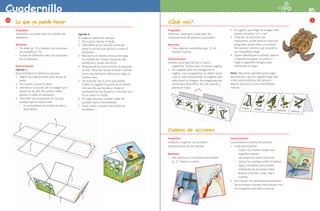 Actividad 8585Cuadernillo
10 3
¿Qué veo?
Propósito:
Observar, distinguir y describir las
características de plantas y animales.
Material:
•	 Tres regletas recortables (pp. 21-26,
frente y vuelta).
Instrucciones:
Pueden participar de dos a cuatro
jugadores. Todos usan la misma regleta.
1.	 Un jugador elije una imagen de la
regleta, sus compañeros no deben saber
cuál es, ellos plantearán, al jugador que
seleccionó la imagen, dos preguntas por
turno para identificar de qué animal o
planta se trata.
2.	 El jugador que eligió la imagen sólo
puede contestar “sí” o “no”.
3.	 Después de escuchar las
respuestas, quien tiene el turno de
preguntar puede decir el nombre
del animal o planta que considera
su compañero eligió.
4.	 Quien identifique el animal, planta
o leguminosa gana un punto y
elige la siguiente imagen para
continuar el juego.
Nota: Hay otras opciones para jugar,
por ejemplo, que un jugador diga una 	
o dos características del animal o
planta, para que el otro identifique
cuál es.
Cadena de acciones
Propósito:
Ordenar y explicar las acciones
representadas en las tarjetas.
Material:
•	 Dos tableros y 18 tarjetas recortables
(p. 27, frente y vuelta).
Instrucciones:
La actividad se realiza en parejas.
1. 	Cada participante:
•	 Coloca las tarjetas sobre una
superficie plana.
•	 Las observa y selecciona tres.
•	 Coloca las tarjetas sobre el tablero
según considere que pueden
ordenarse las acciones: antes,
después y al final; o ayer, hoy y
mañana.
2.	 Por turnos, los participantes explican
las acciones o narran una historia con
las imágenes que seleccionaron.
Lo que yo puedo hacer
Propósito:
Identificar acciones para el cuidado del
ambiente.
Material:
•	 Un dado (p. 73) y tablero con acciones
de cuidado (p. 75).
•	 Fichas de diferente color (no incluidas
en el material).
Instrucciones:
Opción 1
Esta actividad se realiza en parejas.
1.	 Seguir las indicaciones para armar el
dado.
2.	 Por turnos, lanzar el dado.
3.	 Identificar la acción de la imagen que
quedó en la cara de arriba y cómo
ayuda a cuidar el ambiente.
4.	 Describir las situaciones en las que
puedes aplicar esa acción.
•	 Su compañero los puede ayudar a
describirla.
Opción 2
El juego se realiza en parejas
1.	 Por turnos, lanzar el dado.
2.	 Identificar en la cara de arriba del
dado la acción que ayuda a cuidar el
ambiente.
3.	 Buscar en el tablero otra acción para
el cuidado del mismo elemento del
ambiente y poner una ficha.
4.	 Respetando su turno buscar la segunda
acción. Para ello lanzar el dado cuantas
veces sea necesario hasta que caiga la
misma cara.
5.	 De acuerdo con la cara que quede
arriba, el jugador buscará en el tablero
otra acción que ayude a cuidar el
ambiente de esa manera y colocará una
ficha sobre la casilla.
6.	 El juego termina cuando todas las
parejas fueron encontradas.
7.	 Gana quien coloque más fichas en
el tablero.
AB-PREES-JUEGO-2-P-001-080.indd 85 23/2/11 01:17:48
 