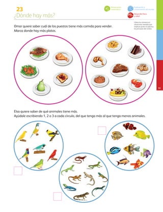 23
¿Dónde hay más?
Utiliza los números en
situaciones variadas que
implican poner en práctica
los principios del conteo.
31
Omar quiere saber cuál de los puestos tiene más comida para vender.
Marca donde hay más platos.
Elsa quiere saber de qué animales tiene más.
Ayúdale escribiendo 1, 2 o 3 a cada círculo, del que tenga más al que tenga menos animales.
Pensamiento
matemático
Desarrollo físico
y salud
Exploración y
conocimiento del mundo
AB-PREES-JUEGO-3-P-001-098.indd 31 31/01/13 12:02
 