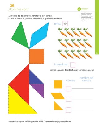 26
¿Cuántas son?
Resuelve problemas en
situaciones que le son
familiares y que implican
agregar, reunir, quitar,
igualar, comparar y repartir
objetos.
35
Manuel le dio de comer 15 zanahorias a su conejo.
Si sólo se comió 7, ¿cuántas zanahorias le quedaron? Escríbelo.
tenía:
le quedaron:
Escribe ¿cuántas de estas figuras forman el conejo?
número
nombre del
número
Recorta las figuras del Tangram (p. 135). Observa el conejo y reprodúcelo.
15
Pensamiento
matemático
AB-PREES-JUEGO-3-P-001-096.indd 35 15/01/13 12:02
 