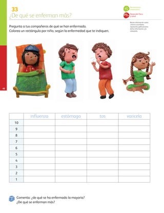 33
¿De qué se enferman más?
Reúne información sobre
criterios acordados,
representa gráficamente
dicha información y la
interpreta.
42
Pregunta a tus compañeros de qué se han enfermado.
Colorea un rectángulo por niño, según la enfermedad que te indiquen.
influenza estómago tos varicela
10
9
8
7
6
5
4
3
2
1
¿De qué se enferman más?
Pensamiento
matemático
Desarrollo físico
y salud
Comenta: ¿de qué se ha enfermado la mayoría?
AB-PREES-JUEGO-3-P-001-098.indd 42 19/03/13 11:31
 