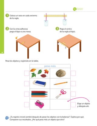46
Con la cinta adhesiva
pega el lápiz a una mesa.
Coloca un vaso en cada extremo
de la regla.
Pega el centro
de la regla al lápiz.
1 2 3 4 5 6 7 8 9 10 11 12 13 14 15 16 17 18 19 20 21 22 23 24 25 26 27 28 29 30
1
2
3
4
5
6
7
8
9
10
11
12
13
14
15
16
17
18
19
20
21
22
23
24
25
26
27
28
29
30
Pesa los objetos y regístralo en la tabla.
1
2 3
pesa más
Elige un objeto
y dibújalo ahí.
Pensamiento
matemático
¿Tu registro inicial cambió después de pesar los objetos con la balanza? Explica por qué.
Comparen sus resultados. ¿Por qué pesa más un objeto que otro?
AB-PREES-JUEGO-3-P-001-096.indd 46 12/11/12 14:53
 