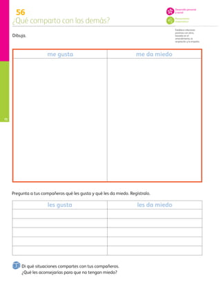 72
56
¿Qué comparto con los demás?
Establece relaciones
positivas con otros,
basadas en el
entendimiento, la
aceptación y la empatía.
Dibuja.
Pregunta a tus compañeros qué les gusta y qué les da miedo. Regístralo.
Di qué situaciones compartes con tus compañeros.
¿Qué les aconsejarías para que no tengan miedo?
les gusta les da miedo
me gusta me da miedo
Pensamiento
matemático
Desarrollo personal
y social
AB-PREES-JUEGO-3-P-001-096.indd 72 12/11/12 14:53
 