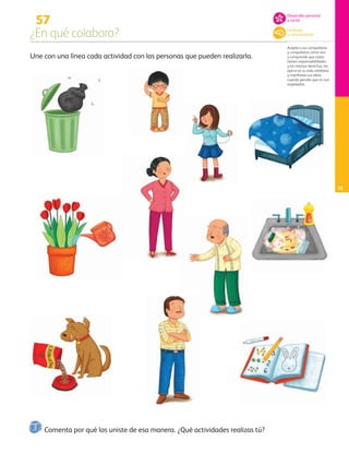 57
¿En qué colaboro?
Acepta a sus compañeras
y compañeros como son,
y comprende que todos
tienen responsabilidades
y los mismos derechos, los
ejerce en su vida cotidiana
y manifiesta sus ideas
cuando percibe que no son
respetados.
Une con una línea cada actividad con las personas que pueden realizarla.
Comenta por qué los uniste de esa manera. ¿Qué actividades realizas tú?
Desarrollo personal
y social
Lenguaje
y comunicación
73
AB-PREES-JUEGO-3-P-001-098.indd 73 15/02/13 12:23
 