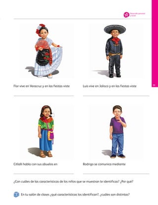 ¿Con cuáles de las características de los niños que se muestran te identificas? ¿Por qué?
Rodrigo se comunica medianteCitlalli habla con sus abuelos en
Luis vive en Jalisco y en las fiestas visteFlor vive en Veracruz y en las fiestas viste
Desarrollo personal
y social
En tu salón de clases ¿qué características los identifican?, ¿cuáles son distintas?
77
AB-PREES-JUEGO-3-P-001-098.indd 77 12/03/13 11:53
 