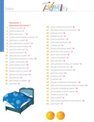 6
Índice
		Presentación 3
		Organización del material 5
	 1	 ¿Es letra o número? 8
	 2	 ¿Cómo te llamas? 9
	 3	 ¿Qué puedes crear…? 10
	 4	 ¿Cuáles son las letras de tu nombre? 11
	 5	 ¿Qué hay en tu salón? 12
	6	 ¿Qué objeto lleva tu nombre? 13
	 7	 ¿Cómo termina la historia? 14
	 8	 ¿Cómo te sientes hoy? 15
	 9	 ¿Cuál es su nombre? 16
10	 ¿Para qué sirve un cartel? 17
11	 ¿Qué puedo encontrar en un libro? 18
12	 ¿Cuáles suenan igual? 19
13	 ¿Cómo empiezo a leer? 20
14	 ¿En qué son diferentes? 21
15	 ¿Quieres contar un cuento? 22
16	 ¿Qué ves en cada paisaje? 24
17	 ¿Qué dice ahí? 25
18	 ¿Qué palabras se repiten? 26
19	 ¿Qué faltó? 27
20	 ¿Cómo se llama este número? 28
21	 ¿Qué objetos tienen la misma forma? 29
22	 ¿Qué hay arriba? 30
23	 ¿Dónde hay más? 31
24	 ¿Cómo lo resolverías? 32
25	 ¿Cómo trazo esta figura? 33
26	 ¿Cuántas son? 35
27	 ¿Dónde está la pintura verde? 36
28	 ¿Quién tiene más o menos? 37
29	 ¿Quién está más lejos? 38
30	 ¿Cuál es el resultado? 39
31	 ¿Qué está antes? 40
32	 ¿Con qué figuras construyo los modelos? 41
33	 ¿De qué se enferman más? 42
34	 ¿Qué procedimiento utilizaste? 43
35	 ¿Qué figura sigue? 44
36	 ¿Cuál pesa más? 45
37	 ¿Cuál falta? 47
38	 ¿En qué son diferentes las fotografías? 48
39	¿Qué usan las personas para realizar su trabajo? 49
40	 ¿Cómo han cambiado los objetos? 50
41	 ¿Cómo celebras el día de muertos? 52
42	 ¿Puedes escucharlo? 54
43	 ¿Qué sucederá? 55
44	 ¿Cómo puedes aprovechar la electrostática? 56
45	 ¿Qué resultó? 57
AB-PREES-JUEGO-3-P-001-098.indd 6 20/02/13 11:04
 