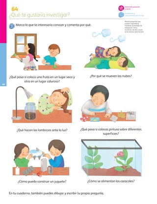 64
¿Qué te gustaría investigar?
84
Desarrollo personal
y social
Exploración y
conocimiento del mundo
Plantea preguntas que
pueden responderse
mediante actividades de
indagación. Toma
iniciativas, decide y expre-
sa las razones para hacerlo.
Marca lo que te interesaría conocer y comenta por qué.
En tu cuaderno, también puedes dibujar y escribir tu propia pregunta.
¿Qué pasa si coloco una fruta en un lugar seco y
otra en un lugar caluroso?
¿Por qué se mueven las nubes?
¿Qué hacen las lombrices ante la luz? ¿Qué pasa si colocas pintura sobre diferentes
superficies?
¿Cómo puedo construir un juguete? ¿Cómo se alimentan los caracoles?
AB-PREES-JUEGO-3-P-001-098.indd 84 15/02/13 12:23
 