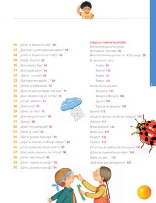 7
46	 ¿Cómo se forman las olas? 58
47	 ¿Qué pasa si juntas agua con aceite? 59
48	 ¿Cómo se mueven los animales? 60
49	 ¿Puedes hacerlo? 62
50	 ¿Qué servicios hay?	 63
51	 ¿Qué puede pasar? 64	
52		¿Cómo me cuido? 66
53	 ¿Qué hacer en caso de…? 68
54	 ¿Dónde va cada pieza? 70
55	 ¿Con cuál ejercicio llegas más lejos? 71
56	 ¿Qué comparto con los demás? 72
57	 ¿En qué colaboro? 73
58	 ¿Qué harías? 74
59	 ¿Cómo son ellos? 76
60	 ¿Qué nos gusta hacer? 78
61	 ¿Qué es? 80
62	 ¿Quién necesita ayuda? 81
63	 ¿Cómo lo cuido? 82
64	 ¿Qué te gustaría investigar? 84
65	 ¿A qué se dedican, en donde trabajan? 86
66	 ¿Cómo expresarías lo que sientes? 89
67	 ¿Qué puedes expresar con mímica? 90
68	 ¿Cómo crear música? 91
69	 ¿Cómo moverías tu cuerpo? 92
70	 ¿Cómo cantarías el corrido? 94
Juegos y material recortable
Instrucciones para los juegos
del material recortable 95
Recomendaciones para el uso de los juegos 98
El camino más corto.
	 Ciudad 99
	 Rancho 100
	 Pueblo 101
	 Parque 102
La vida de los animales.
	 Pez audaz 103
	 Mariposa Monarca 105
	 Iguana 107
	 Sapo de madriguera 109
Dominó 111
¿A qué se dedican, en dónde trabajan? 115
¡Adivina! 117
Pesca, pescador 123
Desde aquí 127
Tangram 135
Tarjetero 137
Estructuras. Esqueletos de dinosaurios 141
¿Cómo se mueven los animales? 143
Había una vez… 145
¿Qué hacer para protegerme? 149
AB-PREES-JUEGO-3-P-001-098.indd 7 21/02/13 11:57
 